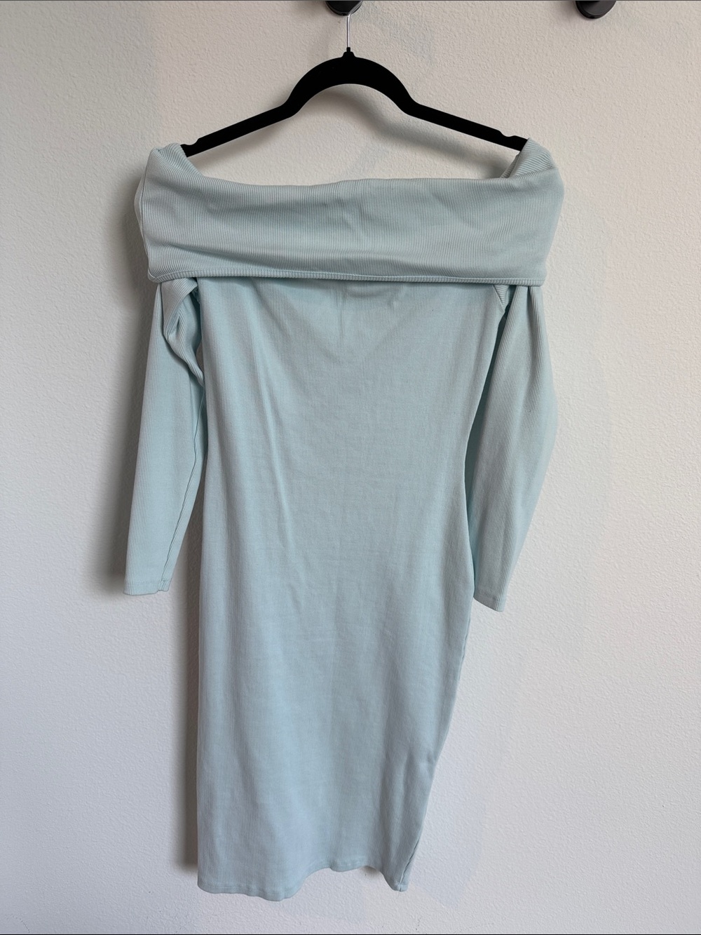 Boohoo Off-Shoulder Pale Blue Long Sleeve Knit Dress